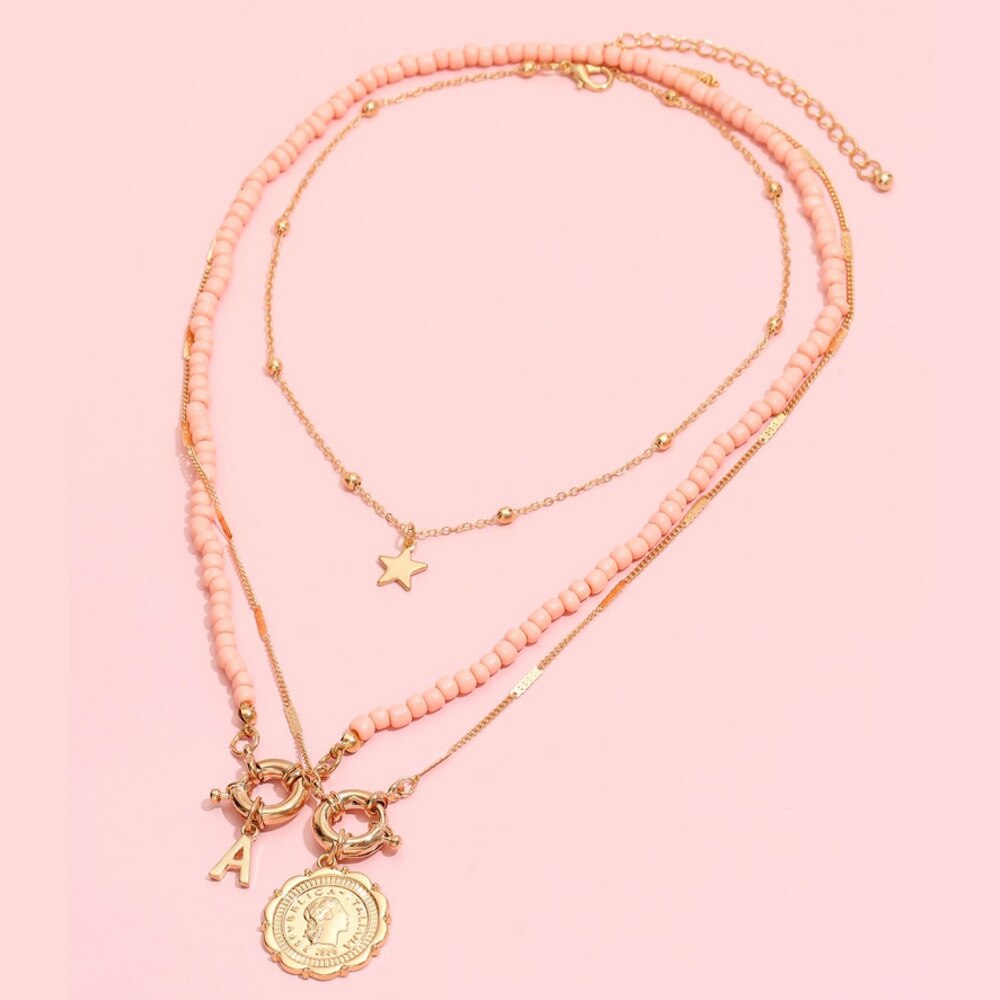 IngeSight.Z 3Pcs/Set Red Color Seed Beaded Chain Choker Necklace for Women Bohemia Letter Carved Coin Star Pendant Necklace Sets