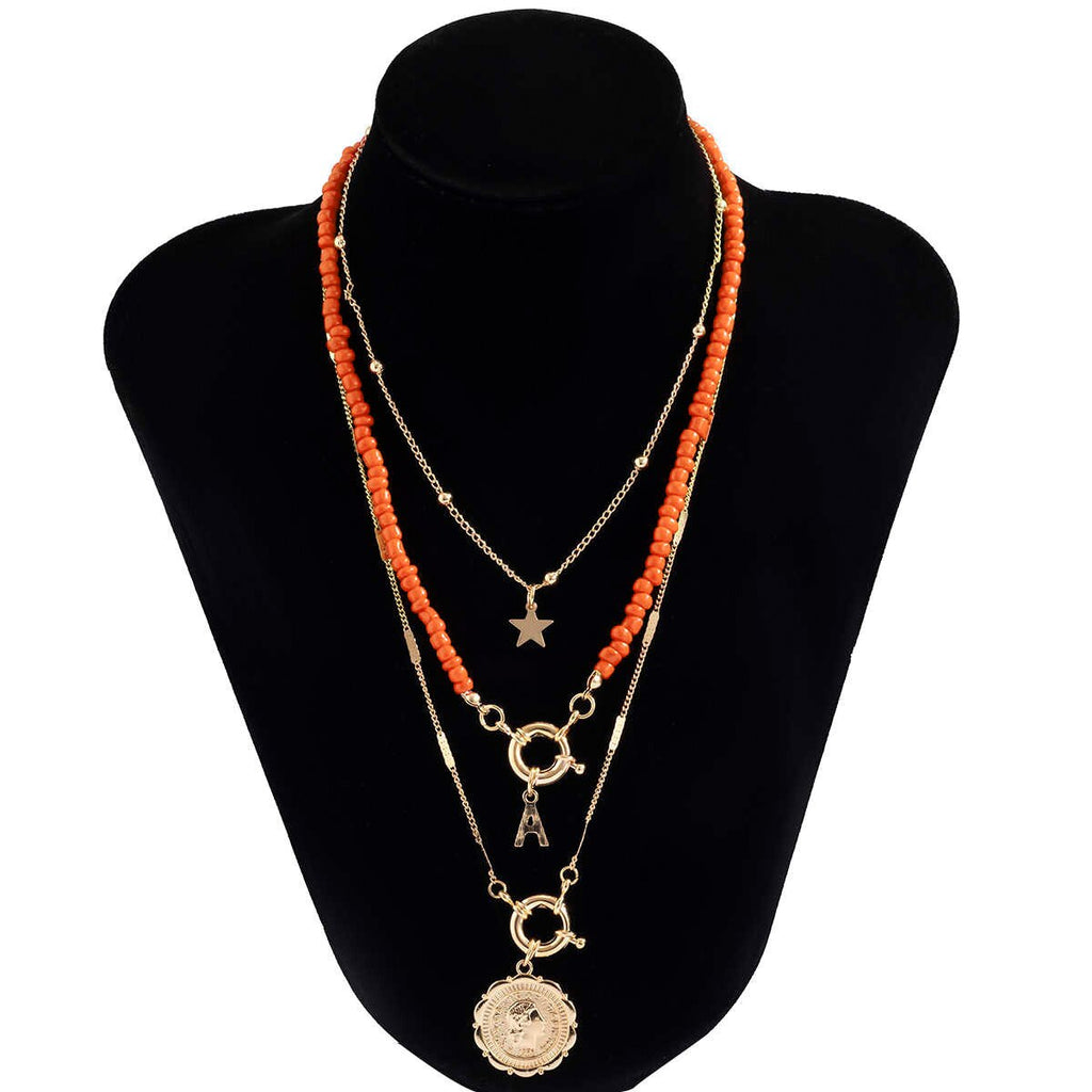 IngeSight.Z 3Pcs/Set Red Color Seed Beaded Chain Choker Necklace for Women Bohemia Letter Carved Coin Star Pendant Necklace Sets