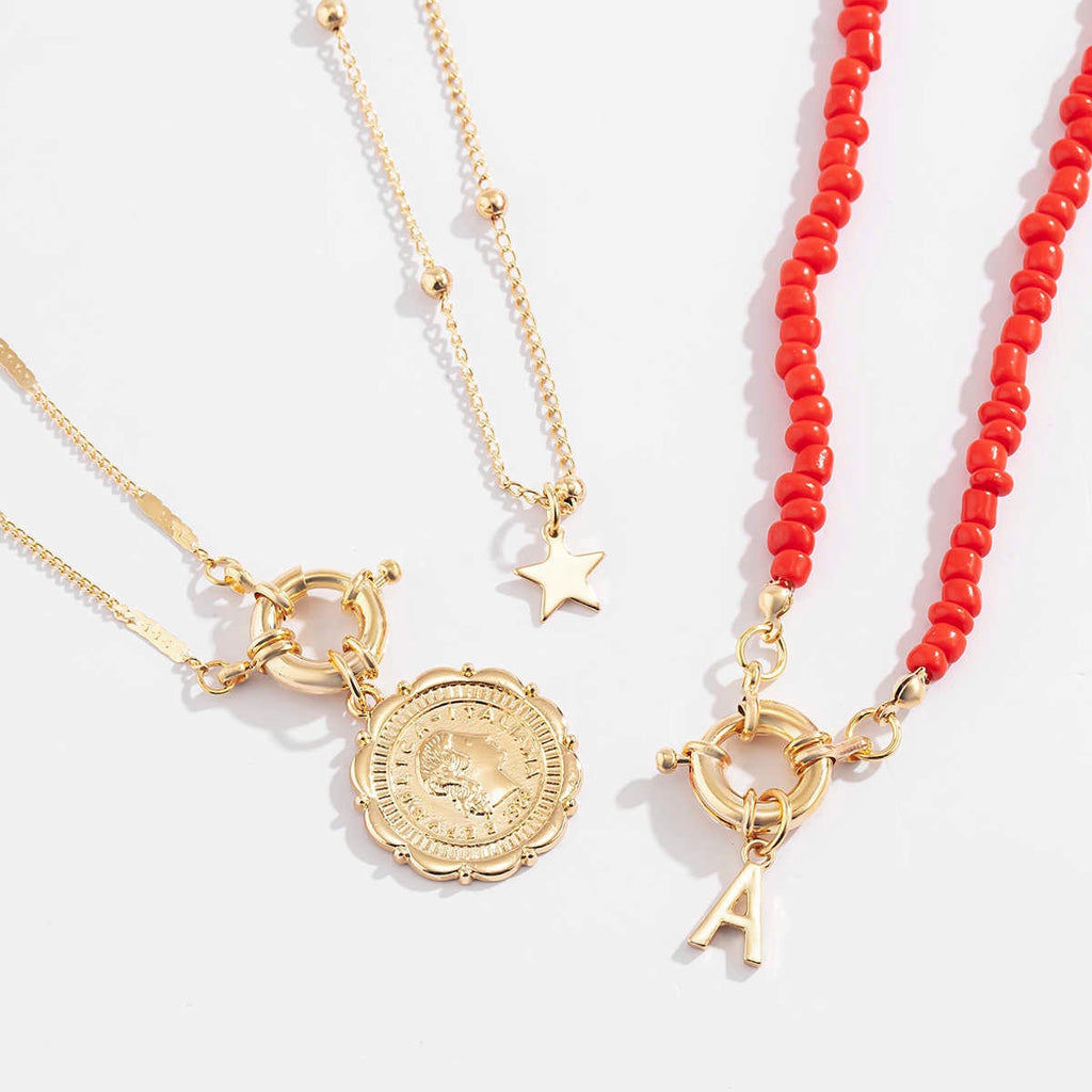 IngeSight.Z 3Pcs/Set Red Color Seed Beaded Chain Choker Necklace for Women Bohemia Letter Carved Coin Star Pendant Necklace Sets