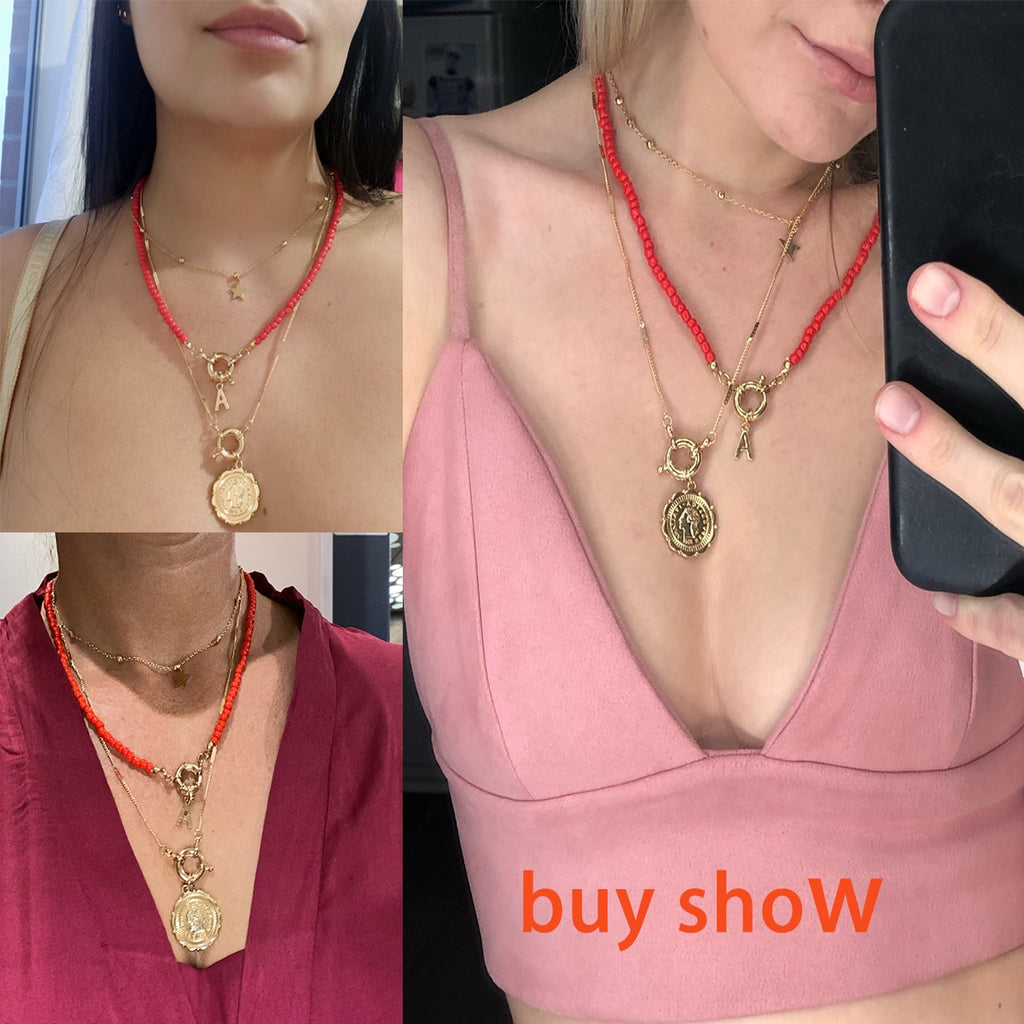 IngeSight.Z 3Pcs/Set Red Color Seed Beaded Chain Choker Necklace for Women Bohemia Letter Carved Coin Star Pendant Necklace Sets
