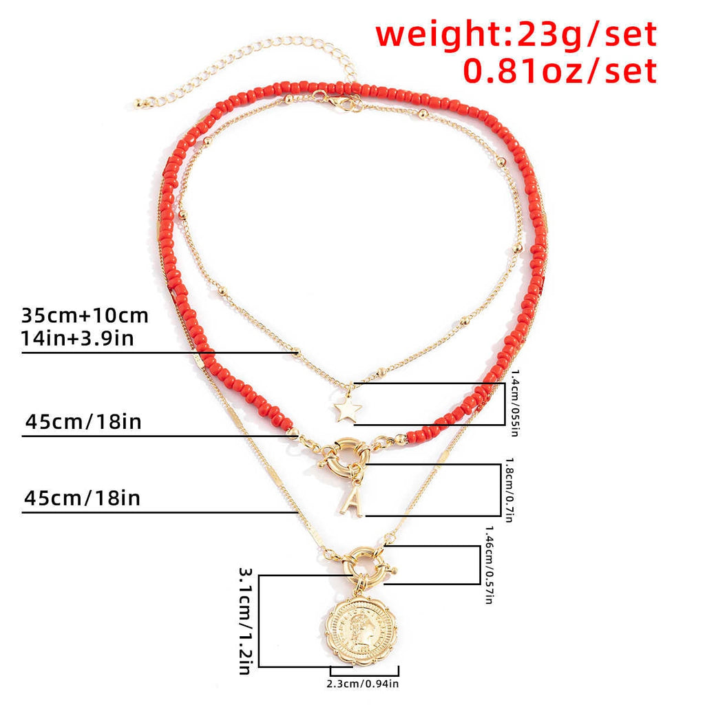 IngeSight.Z 3Pcs/Set Red Color Seed Beaded Chain Choker Necklace for Women Bohemia Letter Carved Coin Star Pendant Necklace Sets