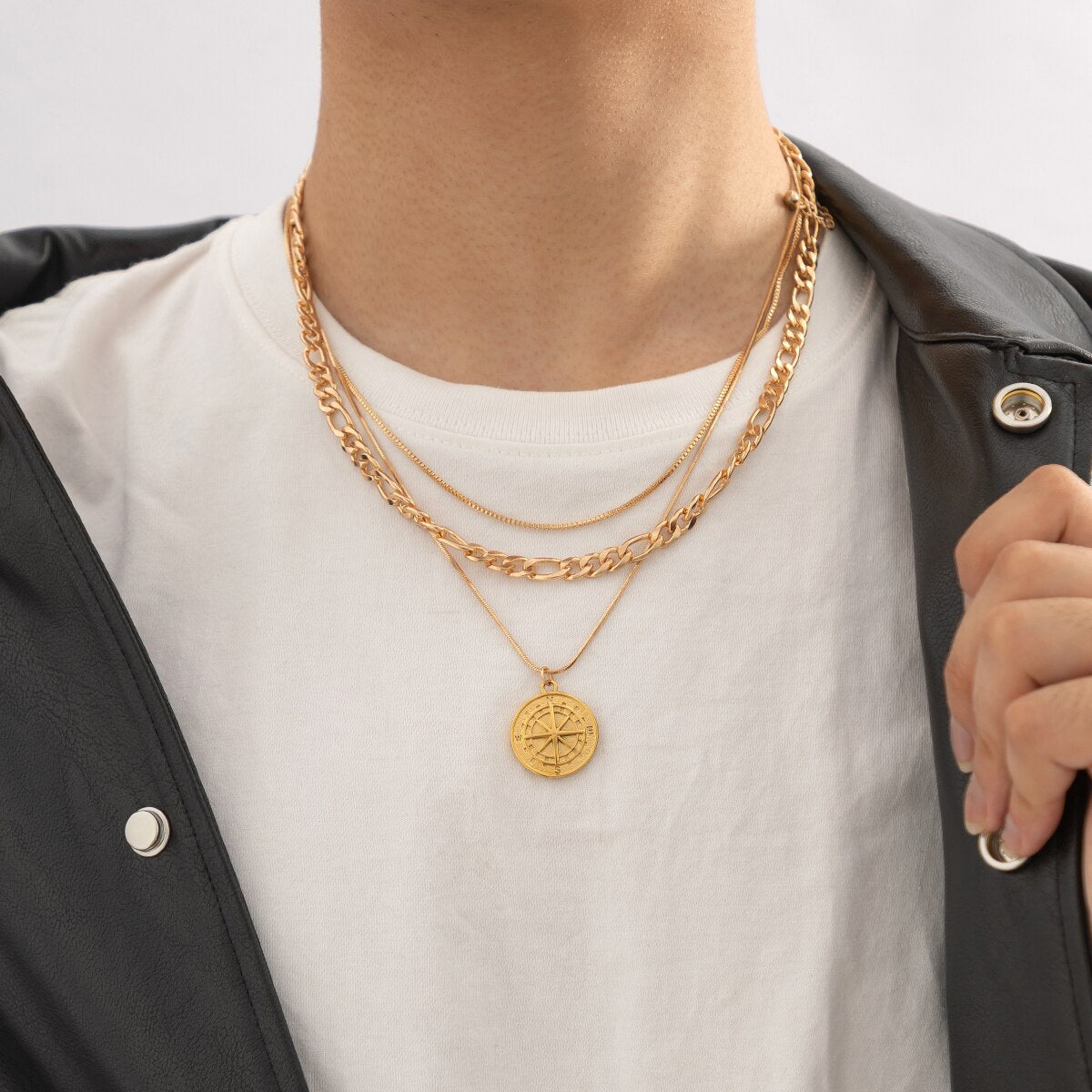 IngeSight.Z 3pcs/set Hip-Hop Rock Compass Round Pendant Necklace for Men Women Vintage Gold Color Square Snake Chain Necklaces