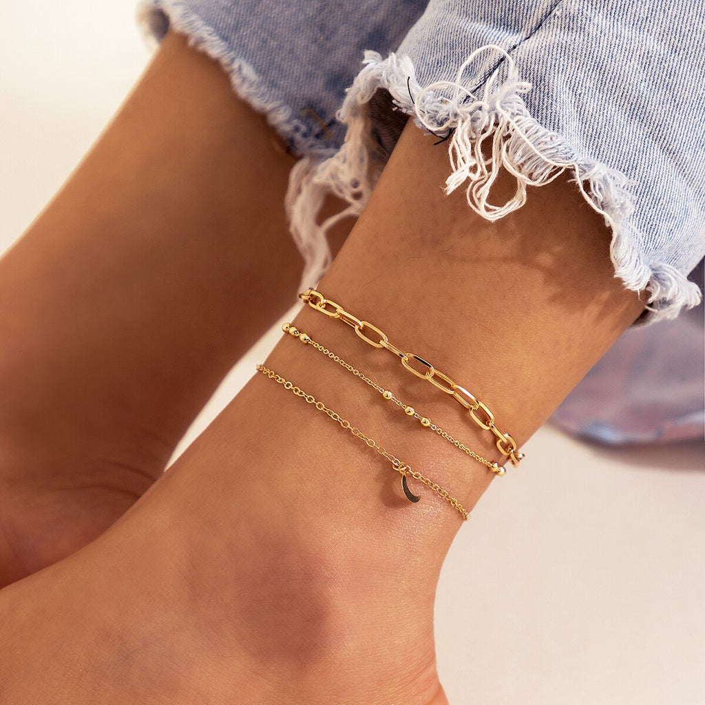 IngeSight.Z 3pcs/set Moon Sequins Tassel Anklets Bracelet for Women 2022 Beach Charm Gold Color Thin Foot Chain Summer Jewelry