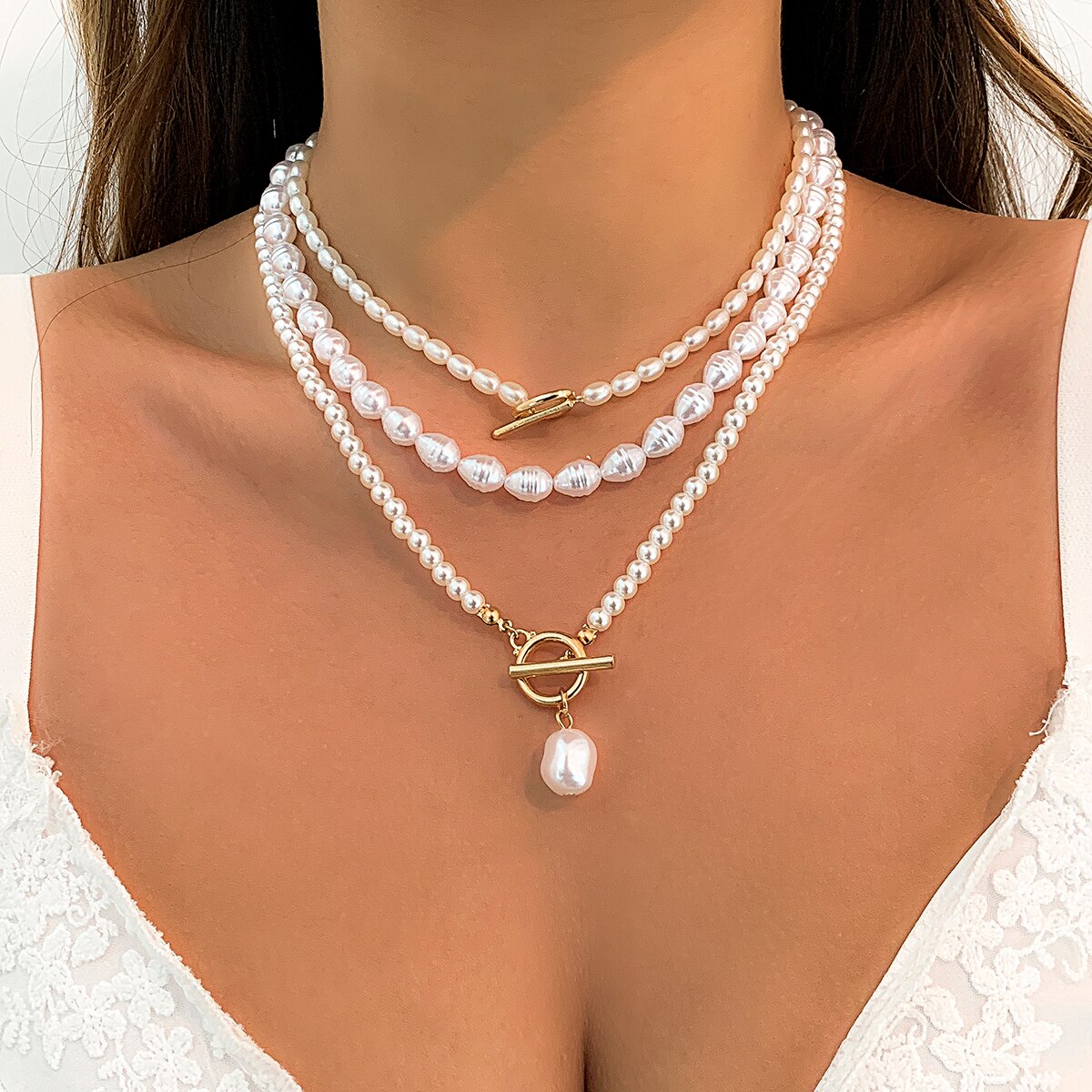 IngeSight.Z 3pcs/set OT Buckle Imitation Pearl Pendant Necklaces for Women Gorgeous Multilayers Pearls Choker Necklaces  Jewelry