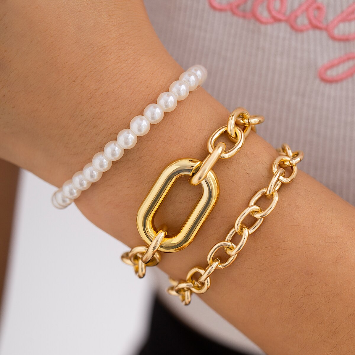 IngeSight.Z 3pcs/set Punk Pearl Beaded Metal Thick Chain Bracelets for Women Gold Color O Shape Charm Cuban Bracelet Bangle