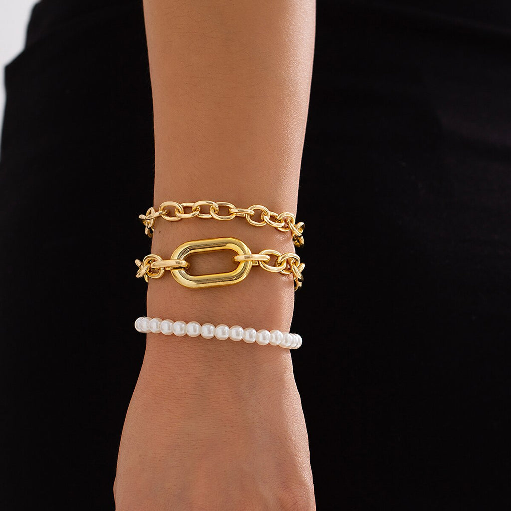 IngeSight.Z 3pcs/set Punk Pearl Beaded Metal Thick Chain Bracelets for Women Gold Color O Shape Charm Cuban Bracelet Bangle