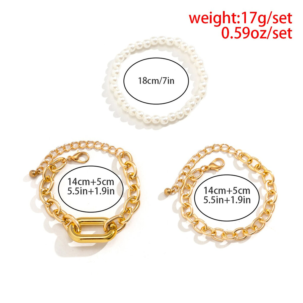 IngeSight.Z 3pcs/set Punk Pearl Beaded Metal Thick Chain Bracelets for Women Gold Color O Shape Charm Cuban Bracelet Bangle