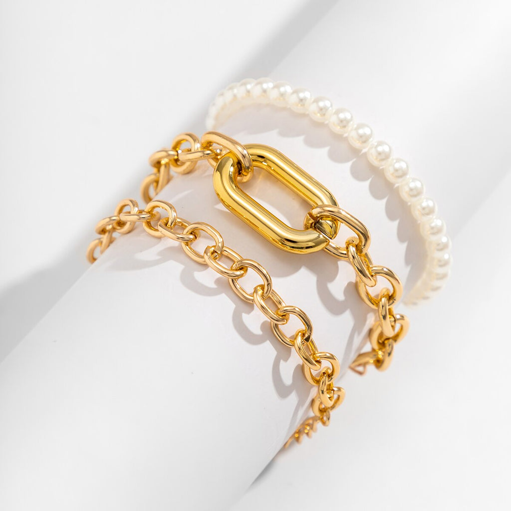 IngeSight.Z 3pcs/set Punk Pearl Beaded Metal Thick Chain Bracelets for Women Gold Color O Shape Charm Cuban Bracelet Bangle