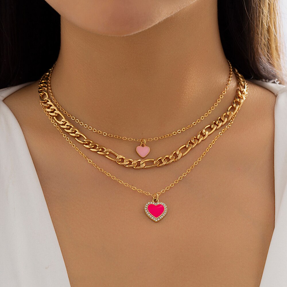 IngeSight.Z 3pcs/set Romantic Love Heart Dripping Oil Pendant Necklace for Women Punk Gold Color Cuban Chain Choker Necklaces