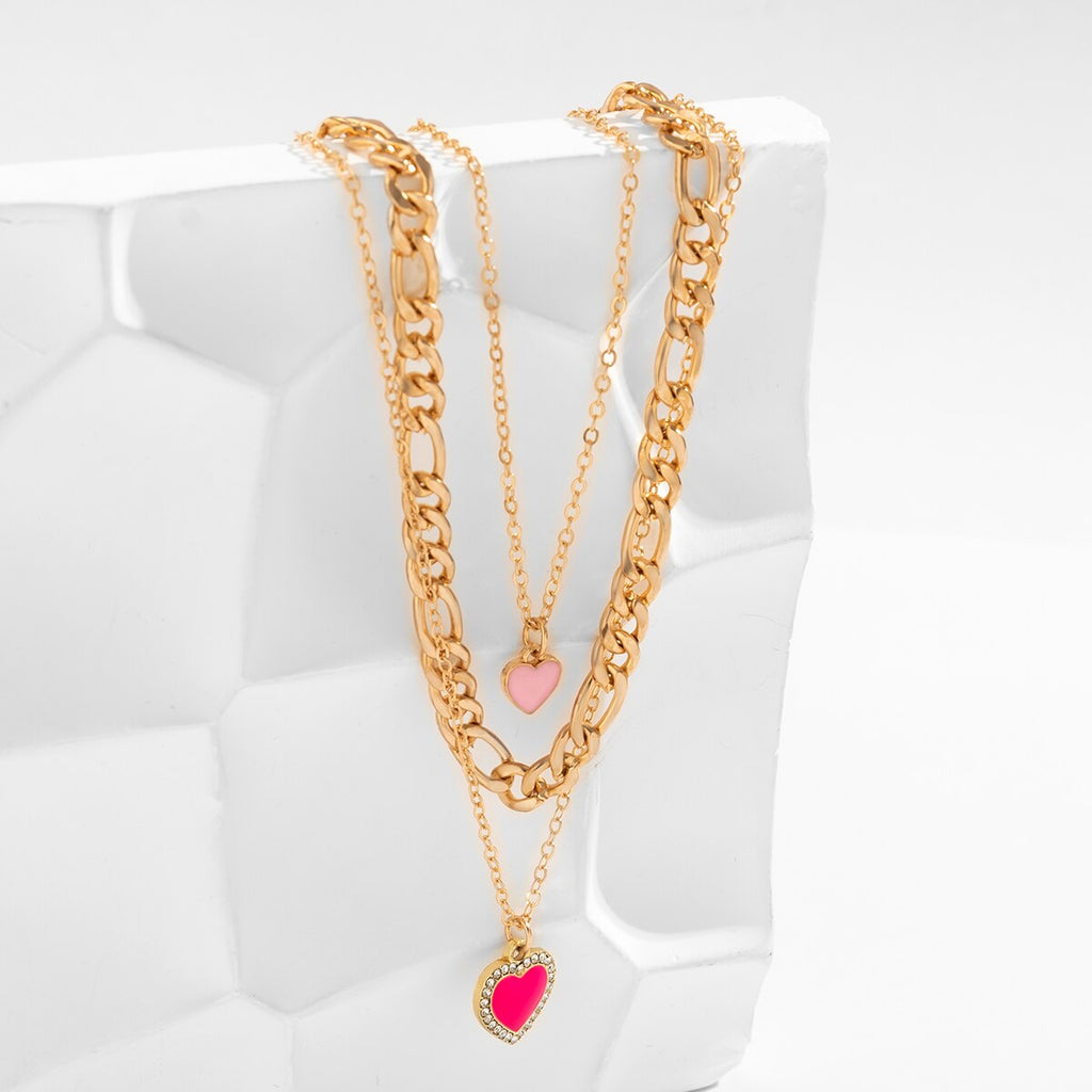 IngeSight.Z 3pcs/set Romantic Love Heart Dripping Oil Pendant Necklace for Women Punk Gold Color Cuban Chain Choker Necklaces