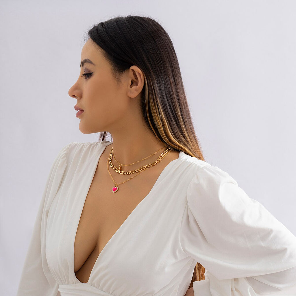 IngeSight.Z 3pcs/set Romantic Love Heart Dripping Oil Pendant Necklace for Women Punk Gold Color Cuban Chain Choker Necklaces