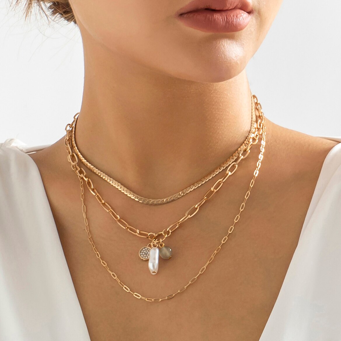 IngeSight.Z  3pcs/set Vintage Pearl Rhinestones Pendant Necklace For Women Punk Gold Color Link Twist Flat Snake Choker Gifts