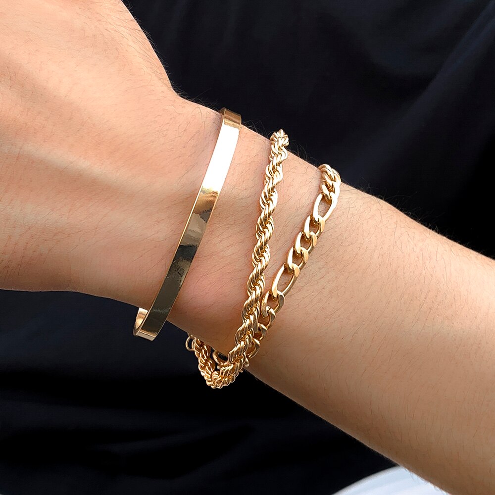 IngeSight.Z 3pcs/set Vintage Twisted Rope Link Bracelets Bangles  For Women Men Punk Gold Color Cuban Chain Hand Jewelry Set