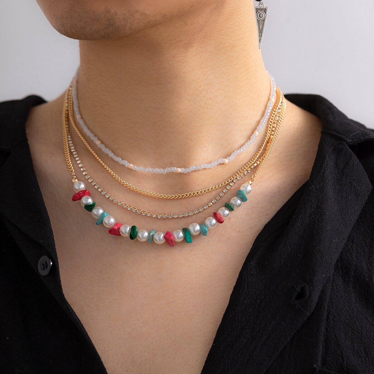 IngeSight.Z 4 Pcs/set Multilayer Natural Stone Pearl Beaded Choker Necklace For Women Men Boho Rhinestone Claw Chain Collar Gift