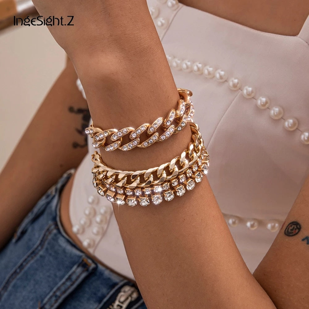 IngeSight.Z 4Pcs/Set Adjustable Full Iced Out Rhinestone Curb Cuban Chain Bracelets Bangles for Women Chunky Thick Wrist Jewelry