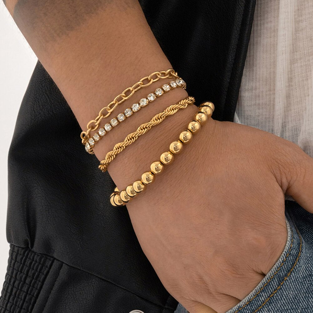 IngeSight.Z 4Pcs/Set Iced Out Rhinestone Cuban Twist Rope Chain Bracelets for Women Punk Vintage CCB Beaded Wrist Jewelry Gift