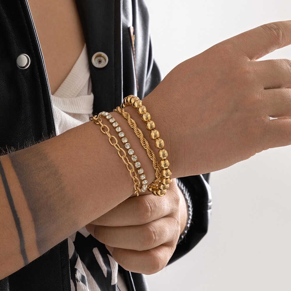 IngeSight.Z 4Pcs/Set Iced Out Rhinestone Cuban Twist Rope Chain Bracelets for Women Punk Vintage CCB Beaded Wrist Jewelry Gift
