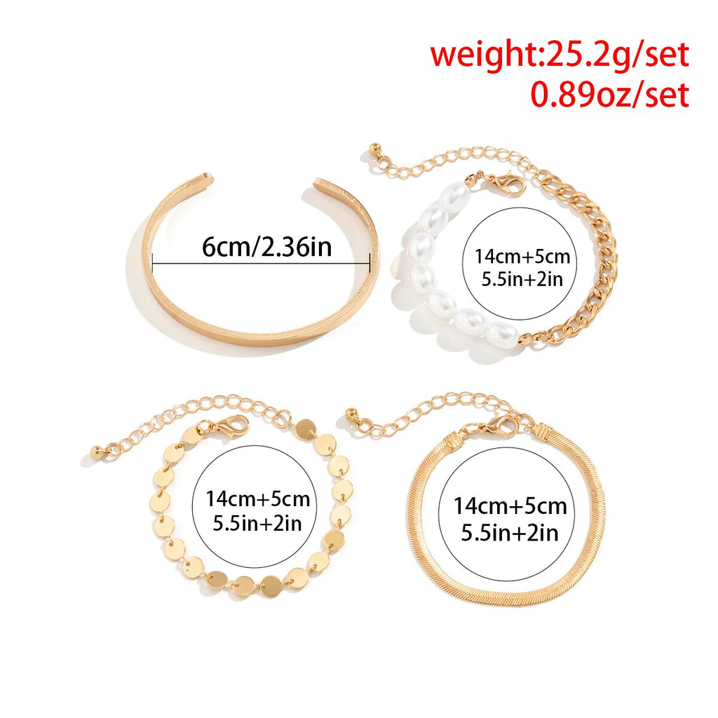IngeSight.Z 4Pcs/Set Imitation Pearl Flat Snake Chain Bracelets for Women Punk Gold Color Sequins Charm Bracelets Bangles Gift