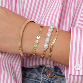 IngeSight.Z 4Pcs/Set Imitation Pearl Flat Snake Chain Bracelets for Women Punk Gold Color Sequins Charm Bracelets Bangles Gift