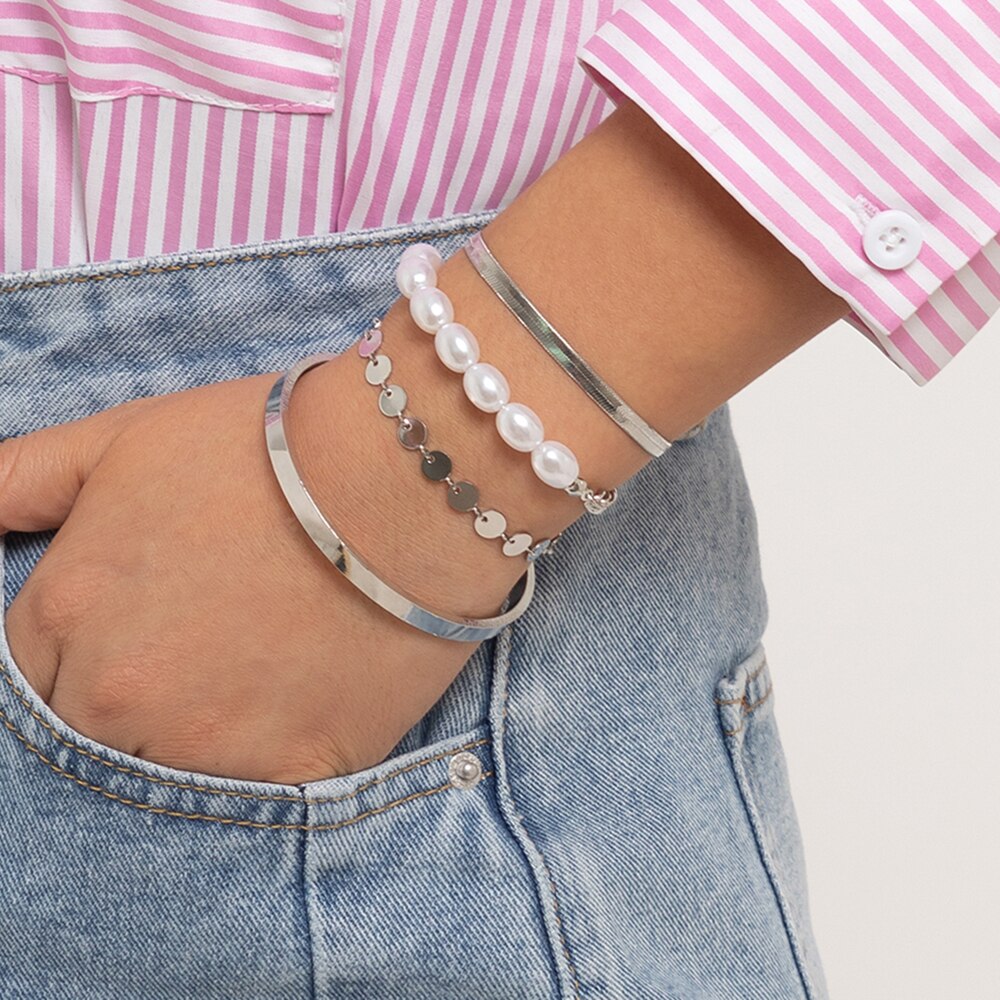 IngeSight.Z 4Pcs/Set Imitation Pearl Flat Snake Chain Bracelets for Women Punk Gold Color Sequins Charm Bracelets Bangles Gift