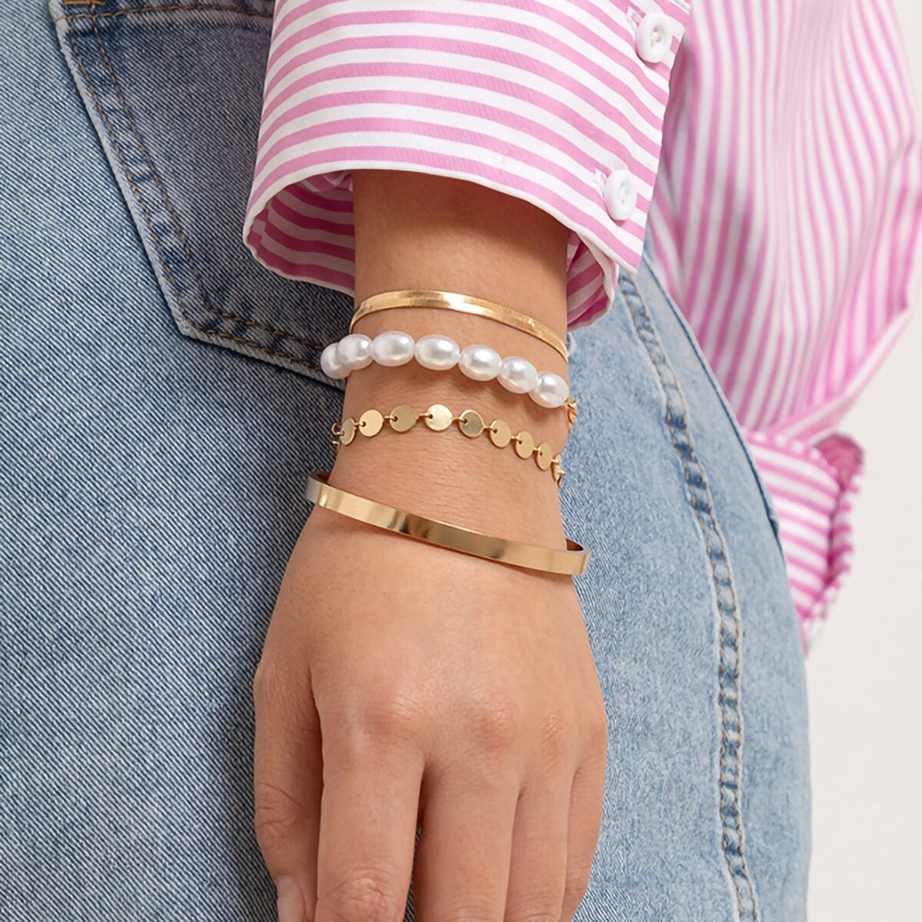 IngeSight.Z 4Pcs/Set Imitation Pearl Flat Snake Chain Bracelets for Women Punk Gold Color Sequins Charm Bracelets Bangles Gift