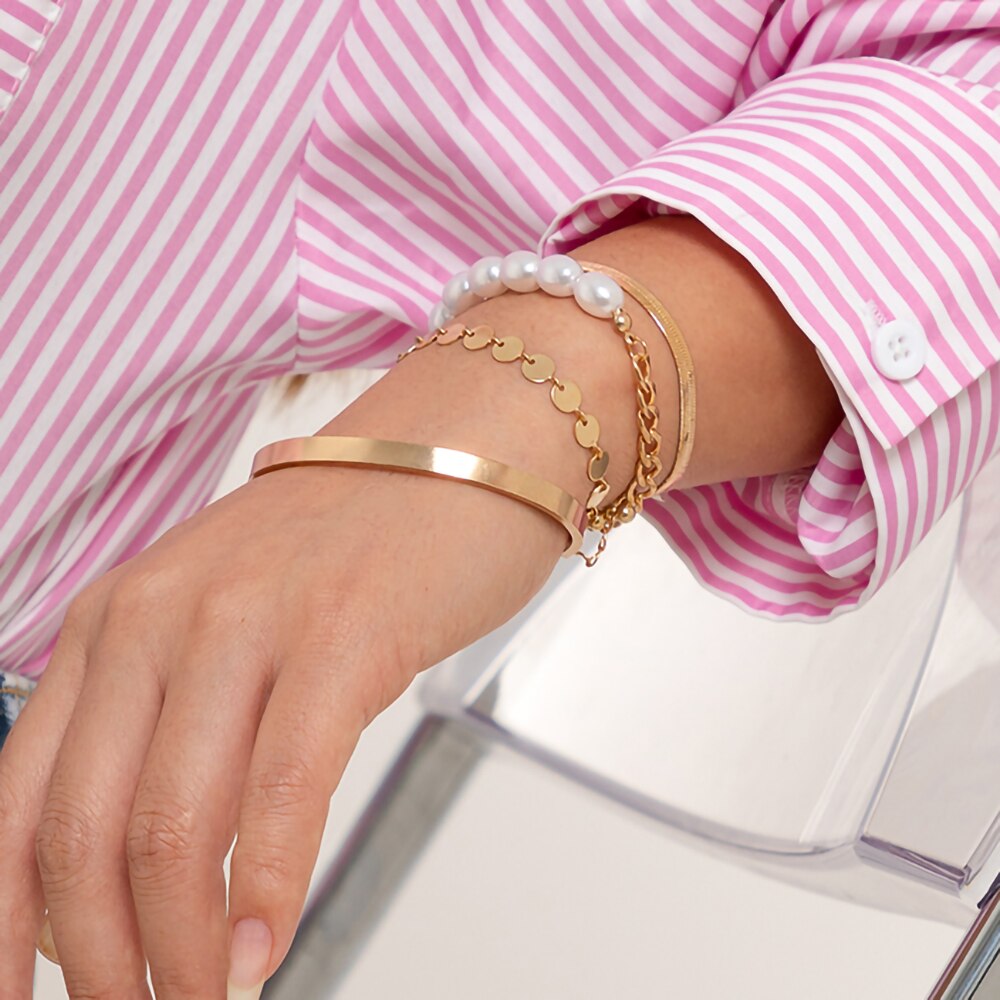 IngeSight.Z 4Pcs/Set Imitation Pearl Flat Snake Chain Bracelets for Women Punk Gold Color Sequins Charm Bracelets Bangles Gift