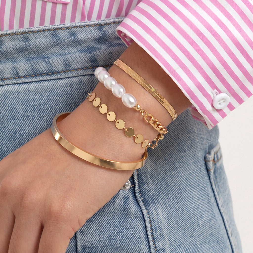 IngeSight.Z 4Pcs/Set Imitation Pearl Flat Snake Chain Bracelets for Women Punk Gold Color Sequins Charm Bracelets Bangles Gift