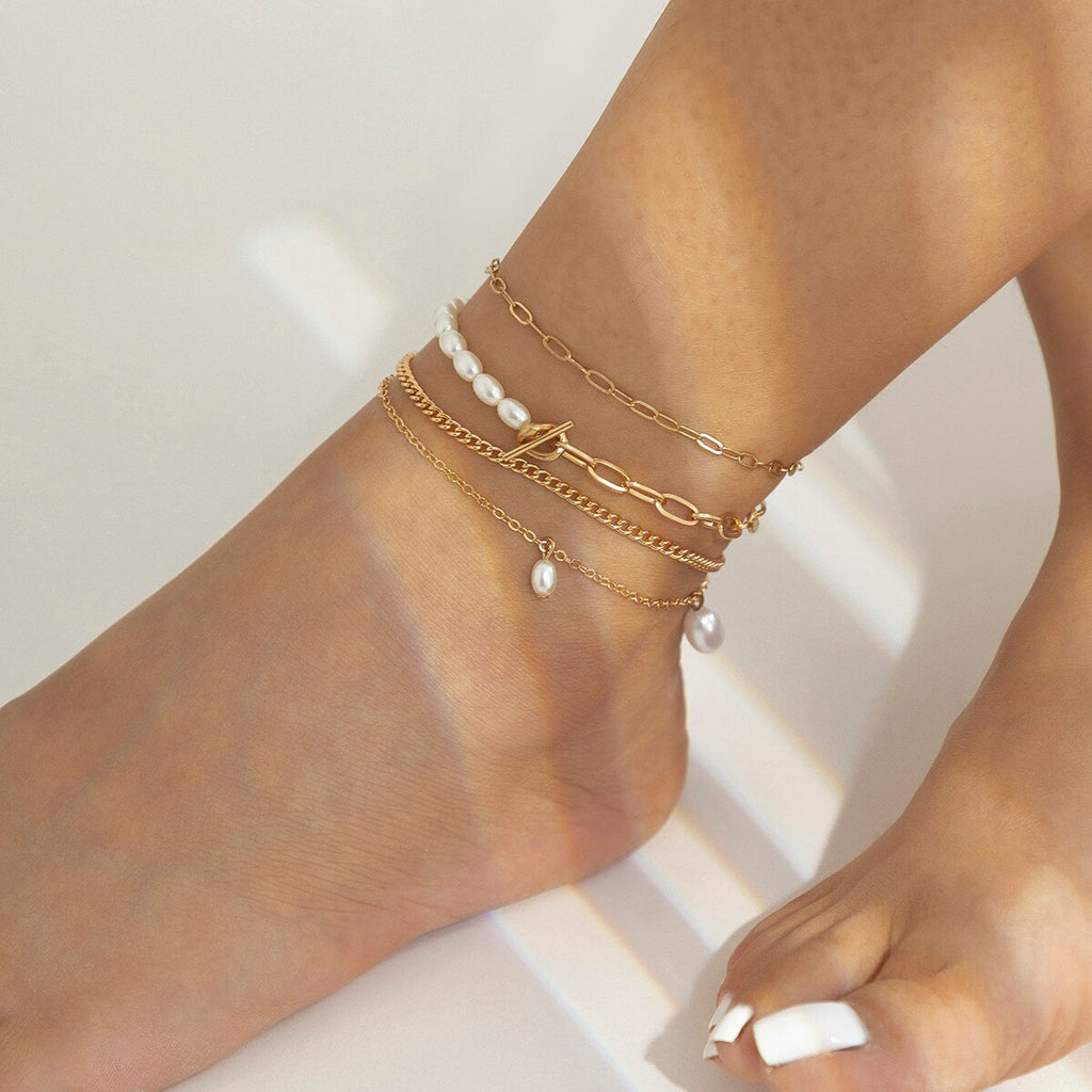 IngeSight.Z 4Pcs/Set Imitation Pearls OT Buckle Anklets for Women Punk Gold Color Link Chain Bracelet On Leg Jewelry 2022