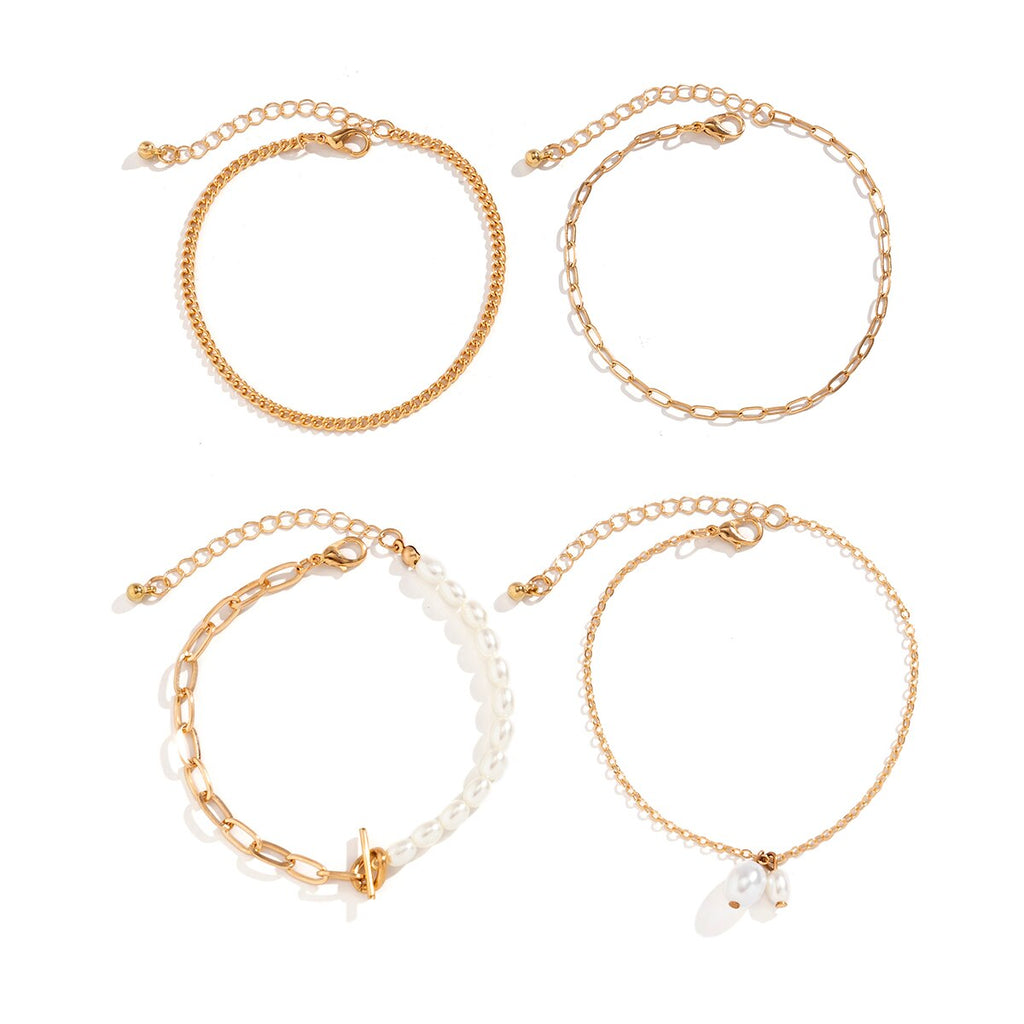 IngeSight.Z 4Pcs/Set Imitation Pearls OT Buckle Anklets for Women Punk Gold Color Link Chain Bracelet On Leg Jewelry 2022