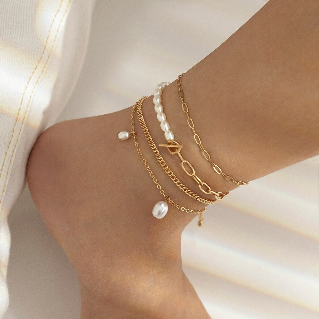IngeSight.Z 4Pcs/Set Imitation Pearls OT Buckle Anklets for Women Punk Gold Color Link Chain Bracelet On Leg Jewelry 2022