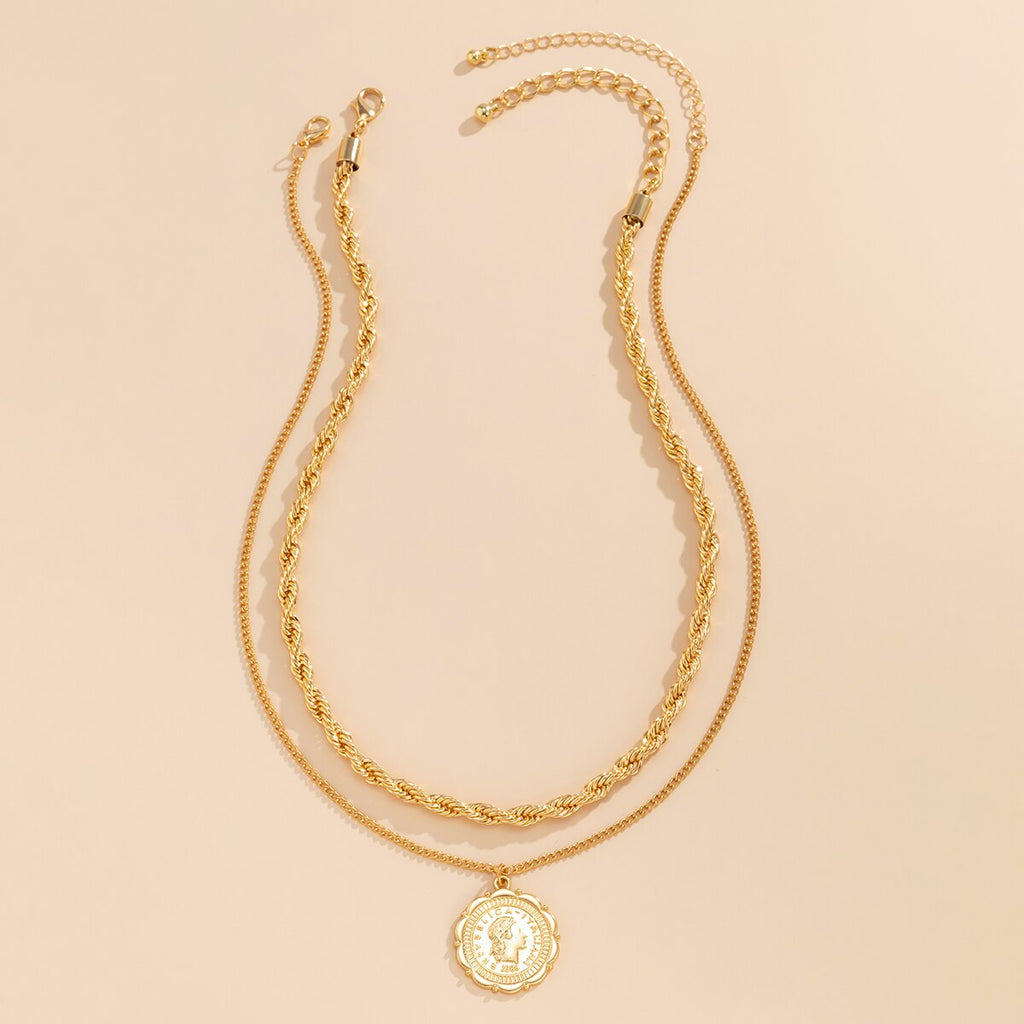IngeSight.Z 4Pcs/Set Multi Layer Twisted Metal Rope Chain Choker Necklace Vintage Carved Coin Portrait Pendant Necklaces Jewelry