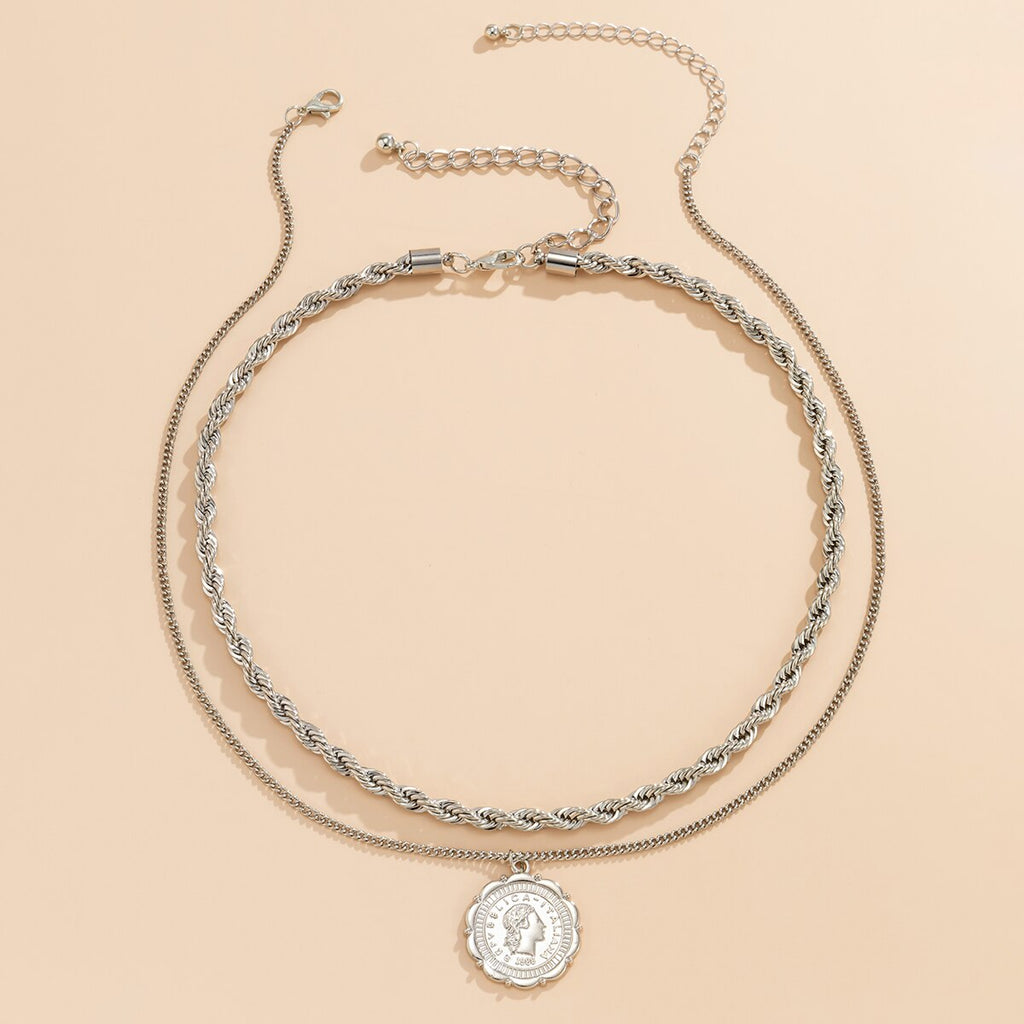 IngeSight.Z 4Pcs/Set Multi Layer Twisted Metal Rope Chain Choker Necklace Vintage Carved Coin Portrait Pendant Necklaces Jewelry