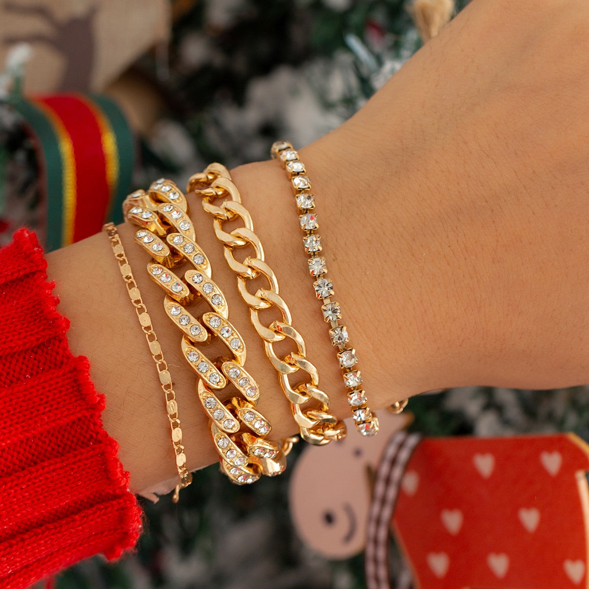 IngeSight.Z 4Pcs/Set Thick Miami Iced Out Cuban Link Chain Bracelet for Women Men Gold Color Shiny Rhinestone Bracelet Bangle