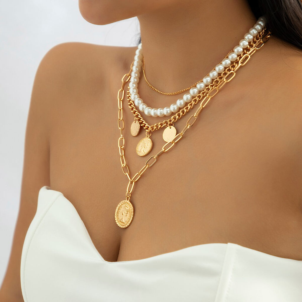 IngeSight.Z 4Pcs/Set Vintage Carved Coin Portrait Pendant Necklace for Women Punk Imitation Pearl Cuban Chunky Necklace Jewelry