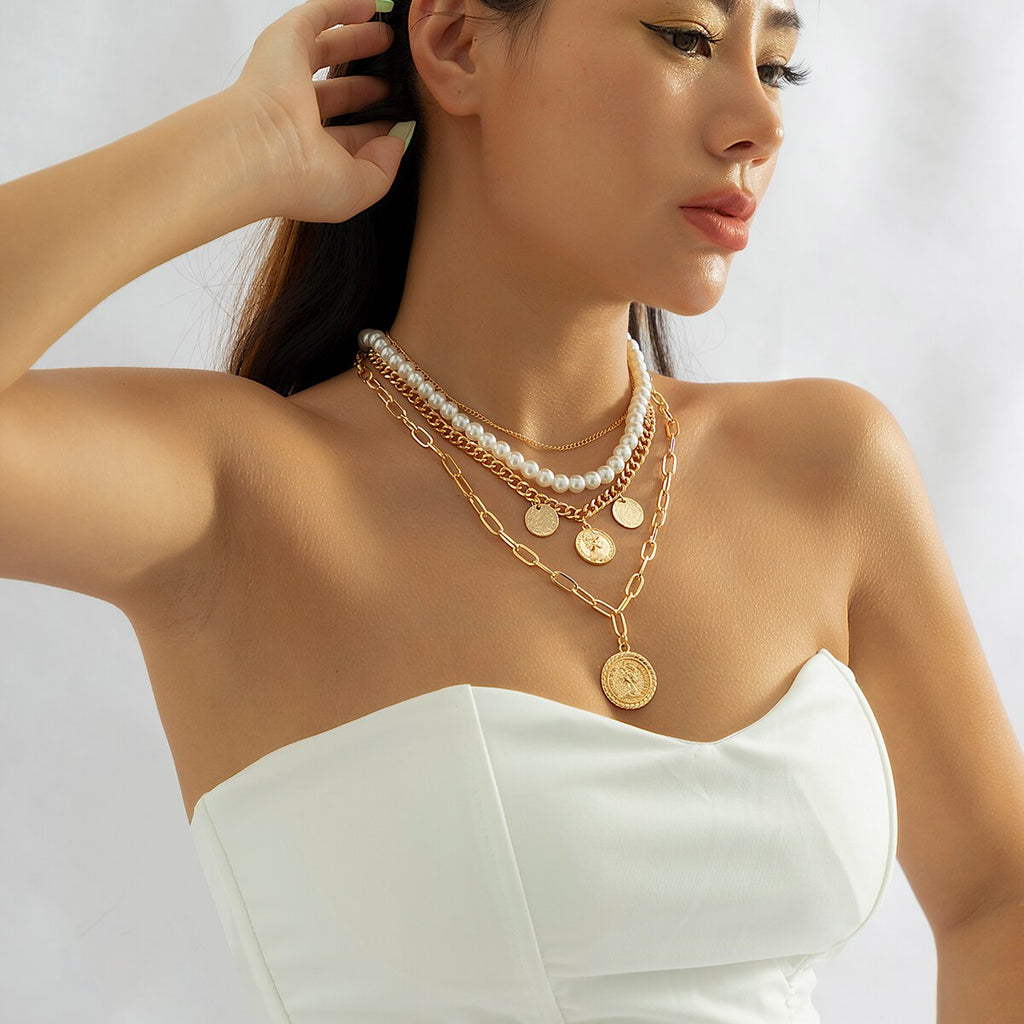 IngeSight.Z 4Pcs/Set Vintage Carved Coin Portrait Pendant Necklace for Women Punk Imitation Pearl Cuban Chunky Necklace Jewelry