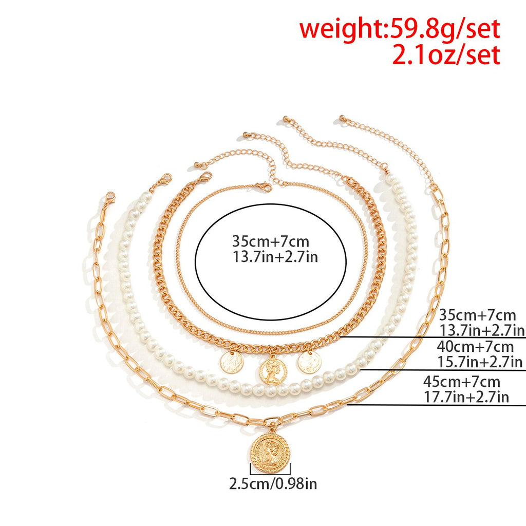 IngeSight.Z 4Pcs/Set Vintage Carved Coin Portrait Pendant Necklace for Women Punk Imitation Pearl Cuban Chunky Necklace Jewelry