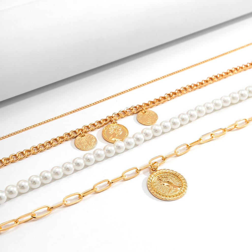 IngeSight.Z 4Pcs/Set Vintage Carved Coin Portrait Pendant Necklace for Women Punk Imitation Pearl Cuban Chunky Necklace Jewelry