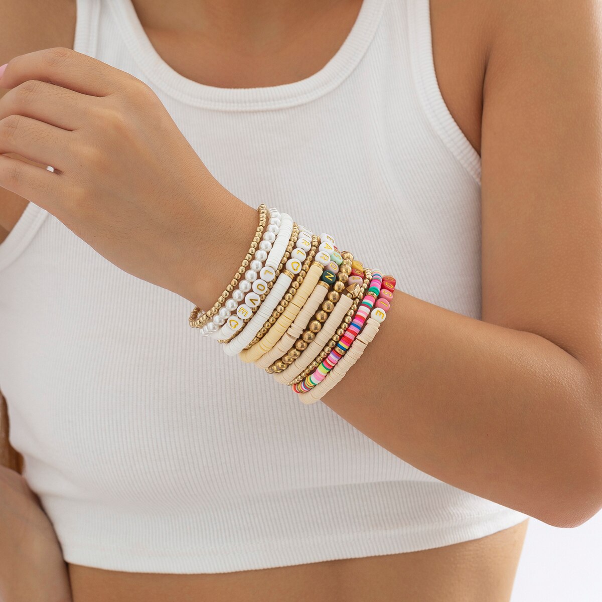 IngeSight.Z 4Pcs/set English Letters Pearl Bracelet For Women Bohemian Colorful Clay Bead Bracelet Wristband Beach Jewelry