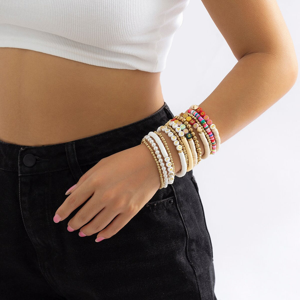 IngeSight.Z 4Pcs/set English Letters Pearl Bracelet For Women Bohemian Colorful Clay Bead Bracelet Wristband Beach Jewelry