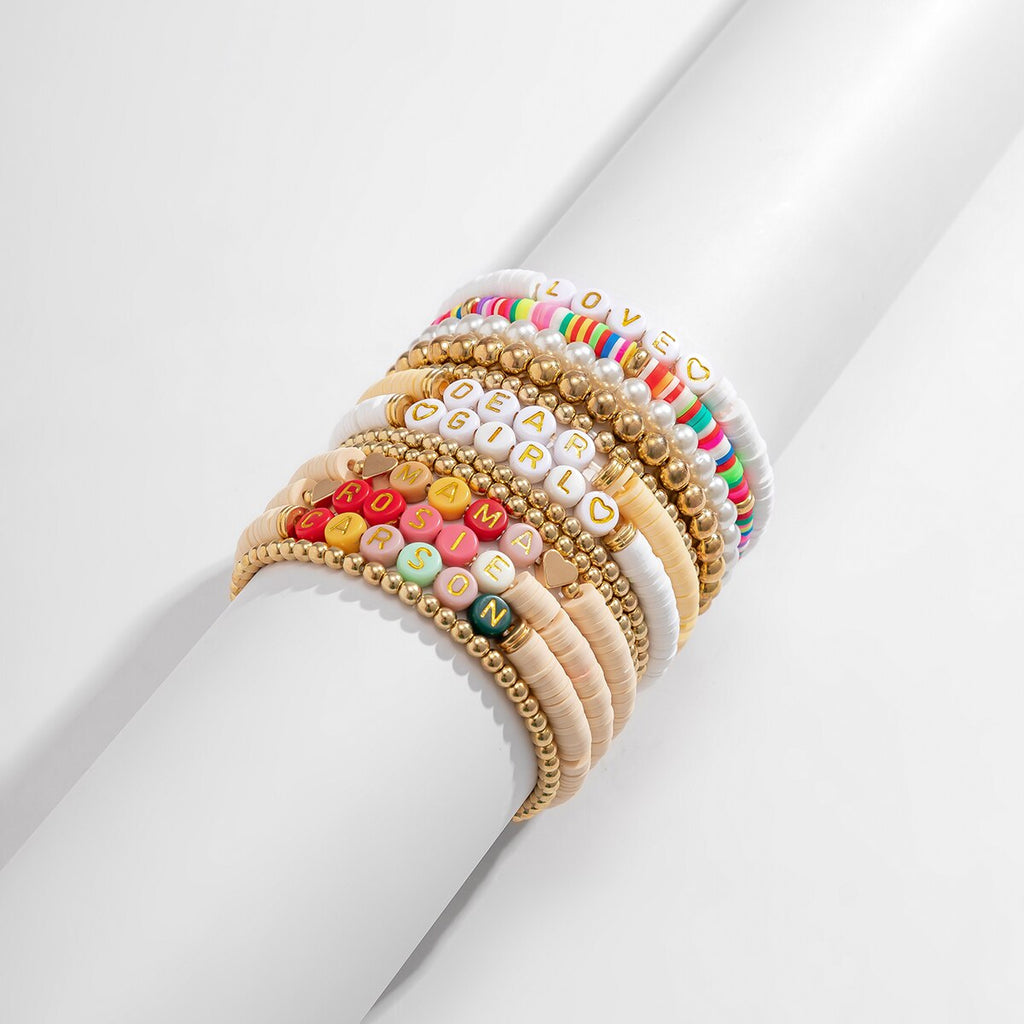 IngeSight.Z 4Pcs/set English Letters Pearl Bracelet For Women Bohemian Colorful Clay Bead Bracelet Wristband Beach Jewelry