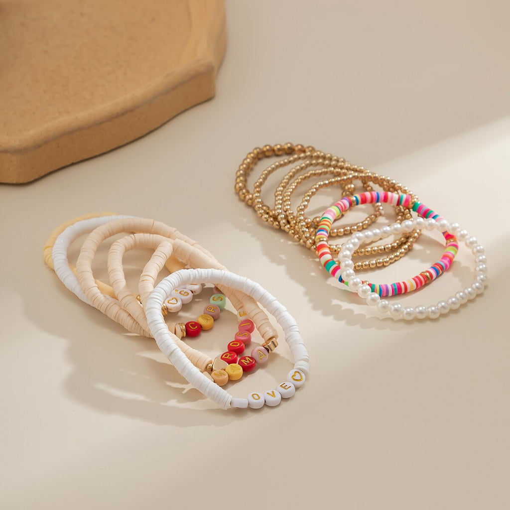 IngeSight.Z 4Pcs/set English Letters Pearl Bracelet For Women Bohemian Colorful Clay Bead Bracelet Wristband Beach Jewelry