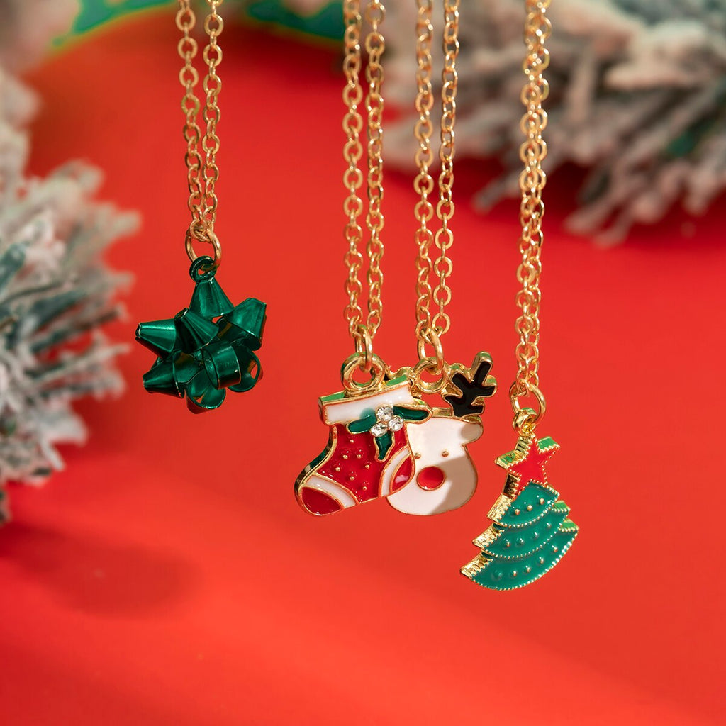 IngeSight.Z 4pcs Mixed Colorful Christmas Series Necklaces Enamel Xmas Tree Pendants Necklace for Women Trendy Jewelry Set Gift