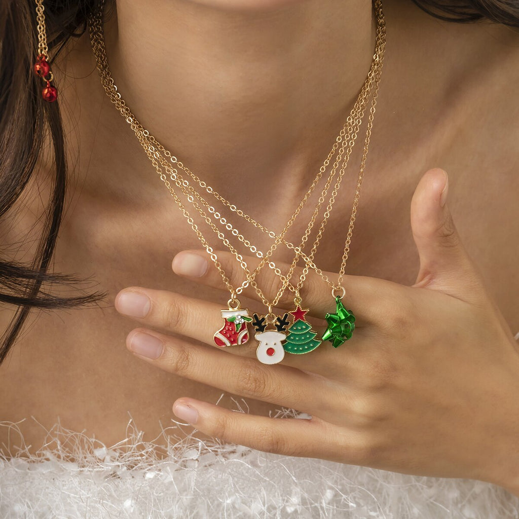 IngeSight.Z 4pcs Mixed Colorful Christmas Series Necklaces Enamel Xmas Tree Pendants Necklace for Women Trendy Jewelry Set Gift