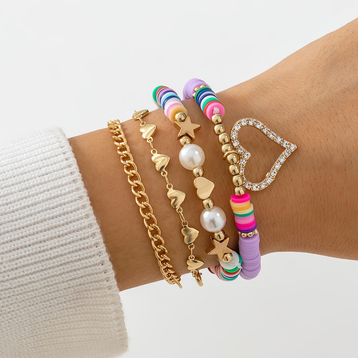 IngeSight.Z 4pcs/set Colorful Soft Clay Heart Rhinestone Pendant Bracelet for Women Boho Punk Gold Color Pearls Beaded Bracelet