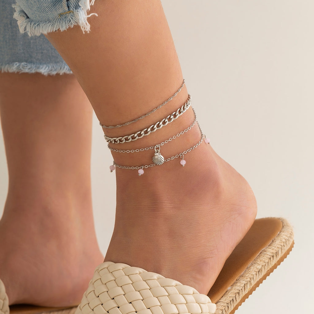 IngeSight.Z 4pcs/sets Silver Color Shell Pendant Anklets for Women Boho Pink Crystal Stone Link Chain Anklet On Leg Bracelet