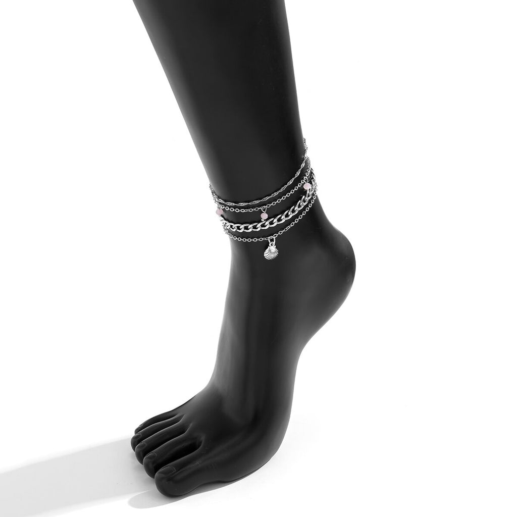 IngeSight.Z 4pcs/sets Silver Color Shell Pendant Anklets for Women Boho Pink Crystal Stone Link Chain Anklet On Leg Bracelet