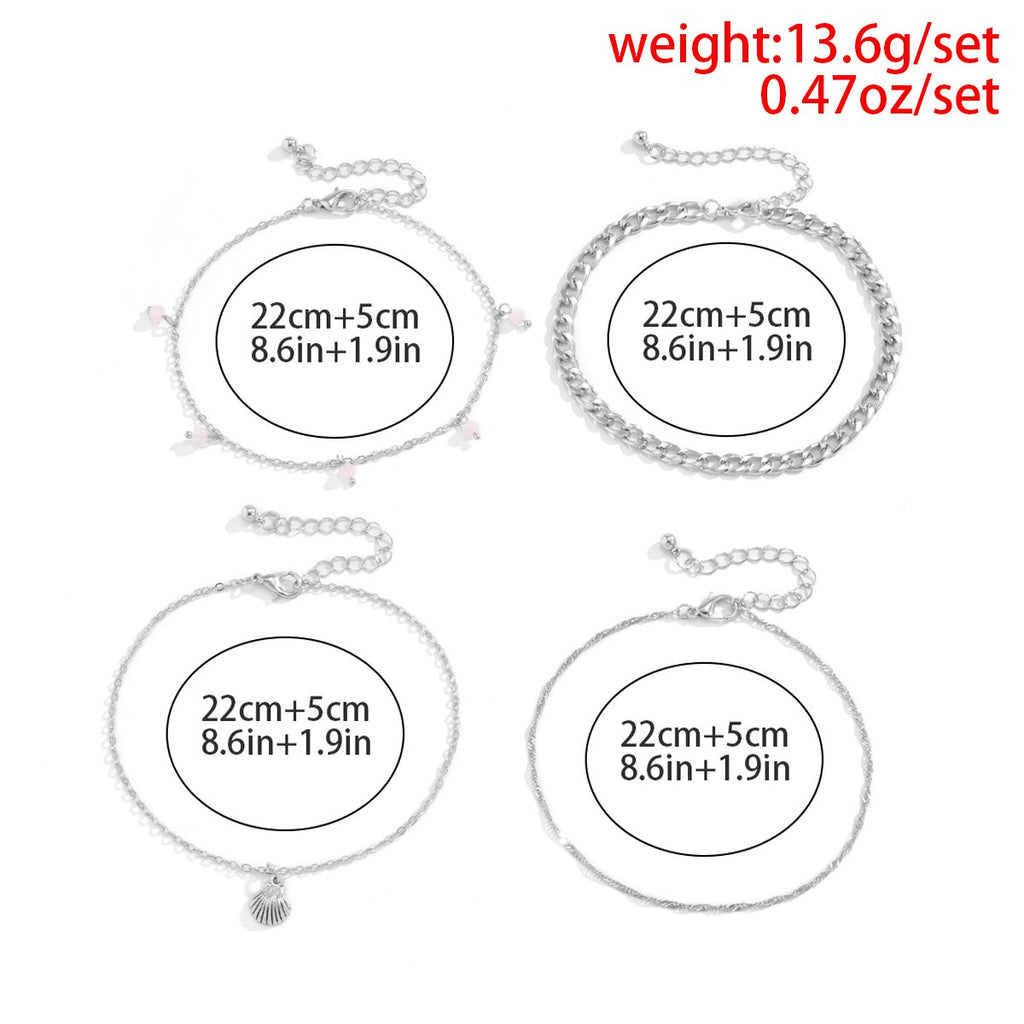 IngeSight.Z 4pcs/sets Silver Color Shell Pendant Anklets for Women Boho Pink Crystal Stone Link Chain Anklet On Leg Bracelet