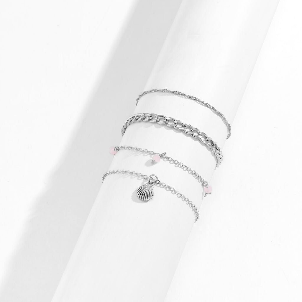 IngeSight.Z 4pcs/sets Silver Color Shell Pendant Anklets for Women Boho Pink Crystal Stone Link Chain Anklet On Leg Bracelet