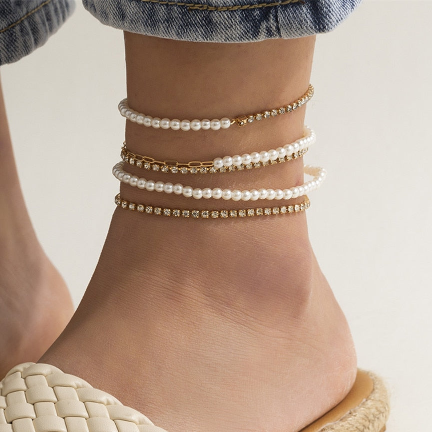 IngeSight.Z 5 Pcs/set Shiny Rhinestones Anklet Bracelets Set for Women Simple Imitation Pearls Link Foot Chain Beach Jewelry