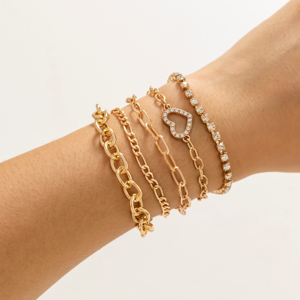 IngeSight.Z 5Pcs/Set Hollow out Heart Rhinestone Bracelets For Women Punk Curb Cuban Tennis Chain Bracelets Bangles Jewelry